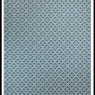 Tapete azul e branco com padrão repetido de losangos geométricos.