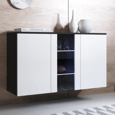 Móvel de parede preto e branco com portas e decoração em cima