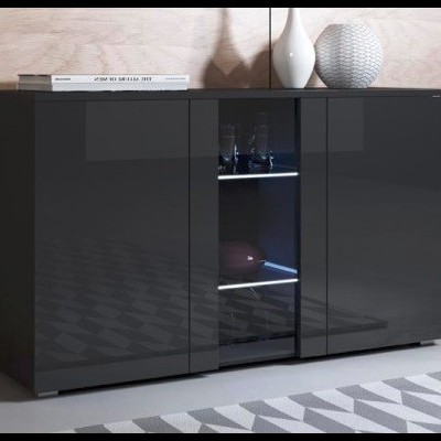 móvel de sala cinza escuro com portas e prateleiras iluminadas