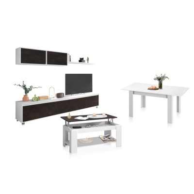 Conjunto de móveis para sala branco com detalhes castanhos escuros e decoração