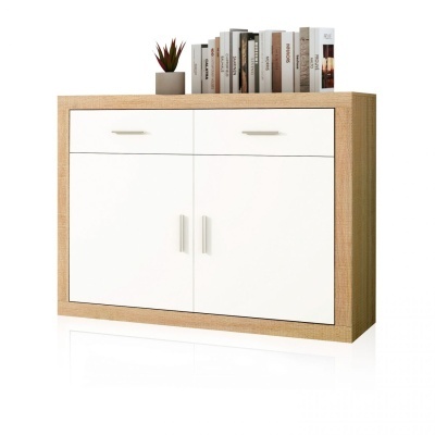 Móvel de arrumação com portas e gavetas brancas, livros e planta suculenta em cima