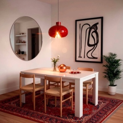 Mesa de jantar branca com quatro cadeiras de madeira clara com assentos de palhinha