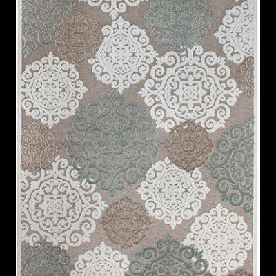 Tapete decorativo bege com padrões geométricos em branco, castanho e verde-azulado