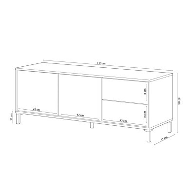Móvel branco com portas e gavetas e medidas em centímetros