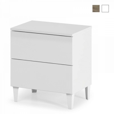 Mesa de cabeceira branca com dois gavetões e pernas cónicas