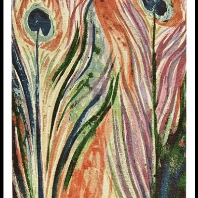 Tapete decorativo com padrão abstrato de penas de pavão coloridas