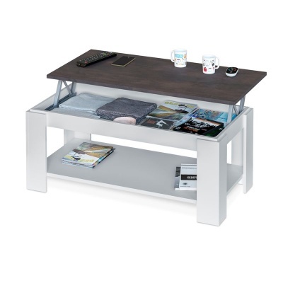 Mesa de centro branca com tampo em madeira escura elevatória e prateleira inferior