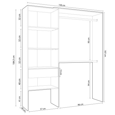 desenho técnico de guarda-roupa com medidas em centímetros