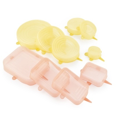 Conjunto de tampas elásticas reutilizáveis em silicone amarelas e rosa de vários tamanhos