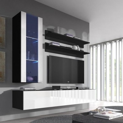 Conjunto de móvel para sala de estar moderno com armário vidro azul, prateleiras pretas e armário branco lacado