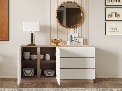 Aparador moderno de madeira com portas e gavetas, louça branca nas prateleiras e espelho redondo na parede