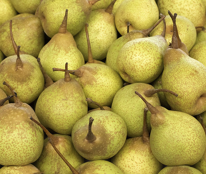 Pêras verdes amareladas com manchas marrons empilhadas