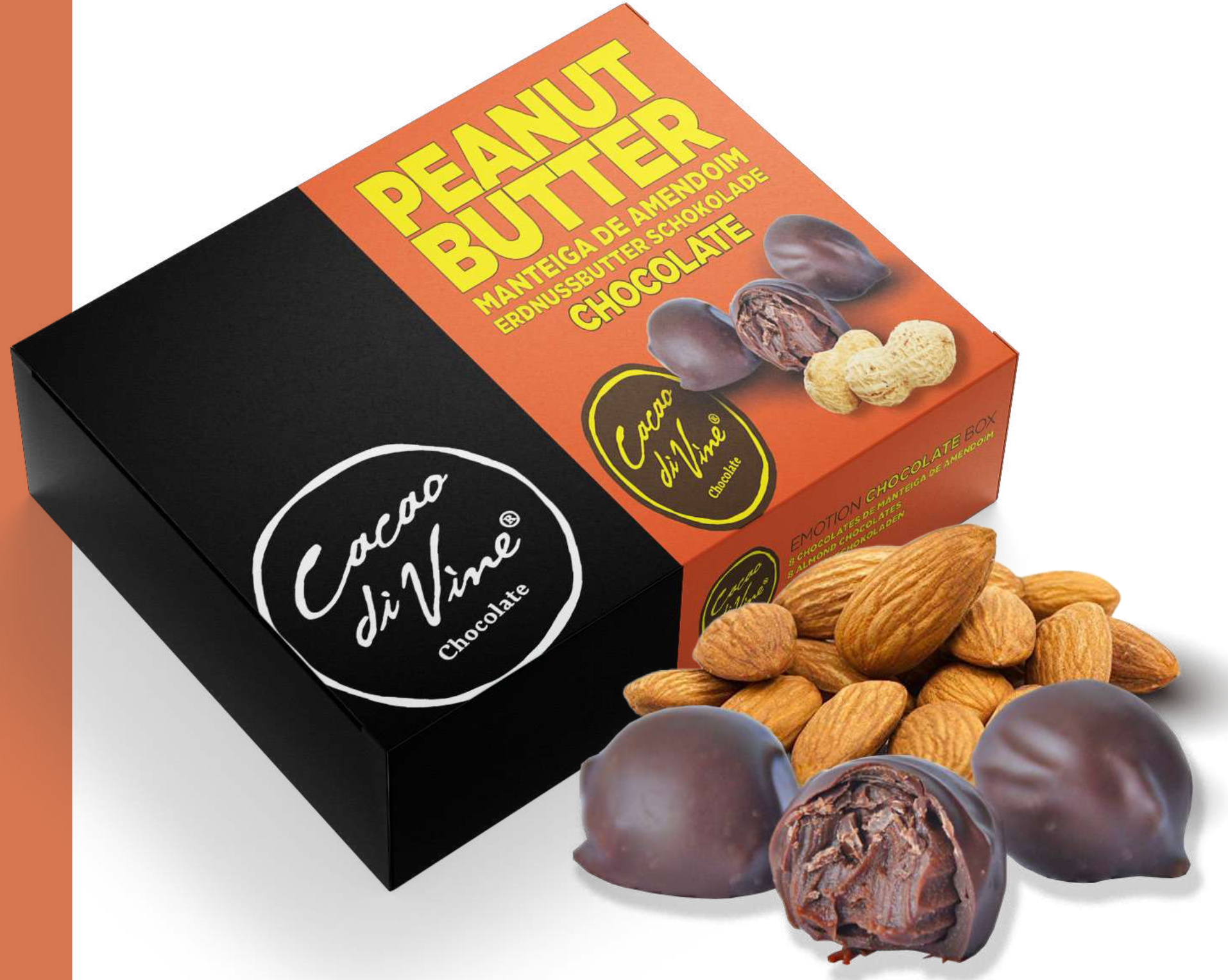 Chocolate + Manteiga de Amendoim Caixa de chocolate peanut butter com amêndoas e bombons cobertos de chocolate