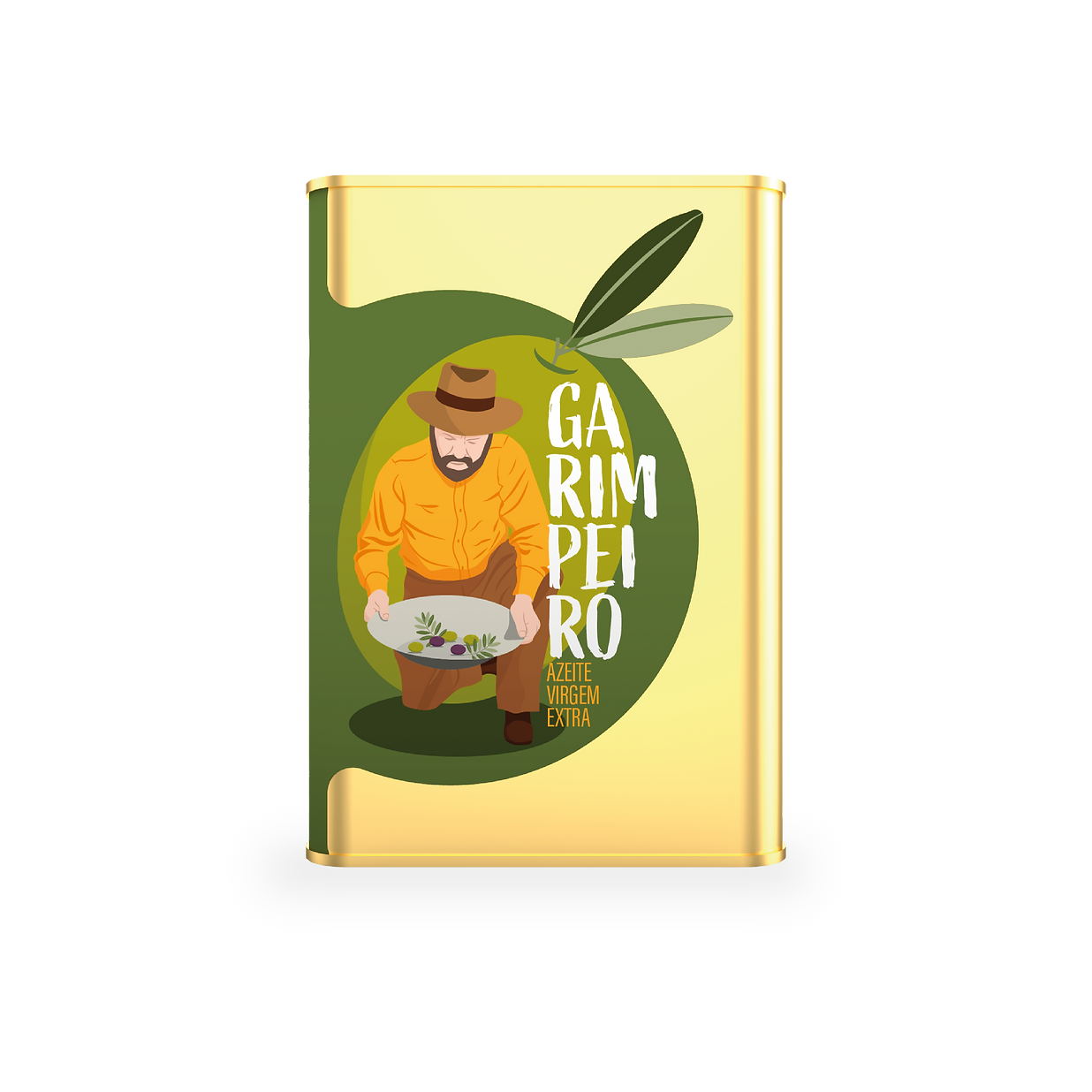 Azeite Garimpeiro - 0,5L Lata dourada de azeite virgem extra com ilustração e texto