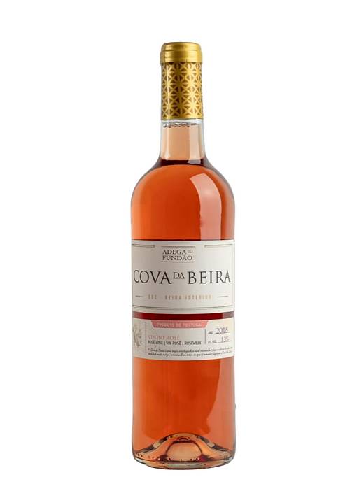 Cova da Beira (rosé) Garrafa de vinho rosé com rótulo branco e tampa dourada