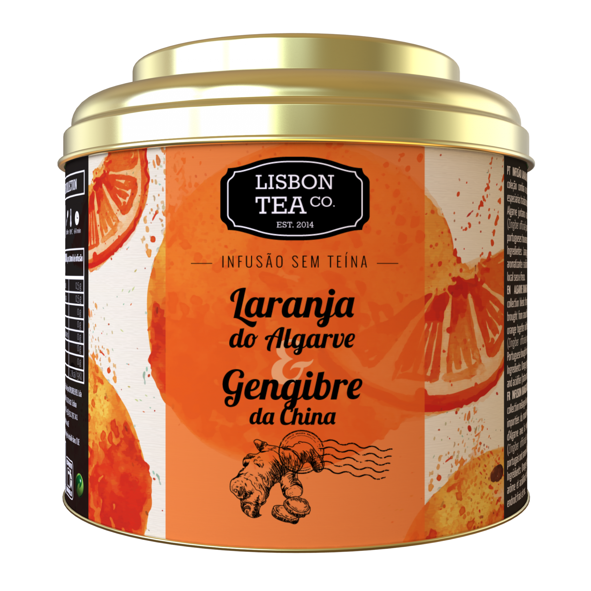 5 Infusões exóticas Lata metálica de chá Laranja do Algarve e Gengibre da China da Lisbon Tea Co.