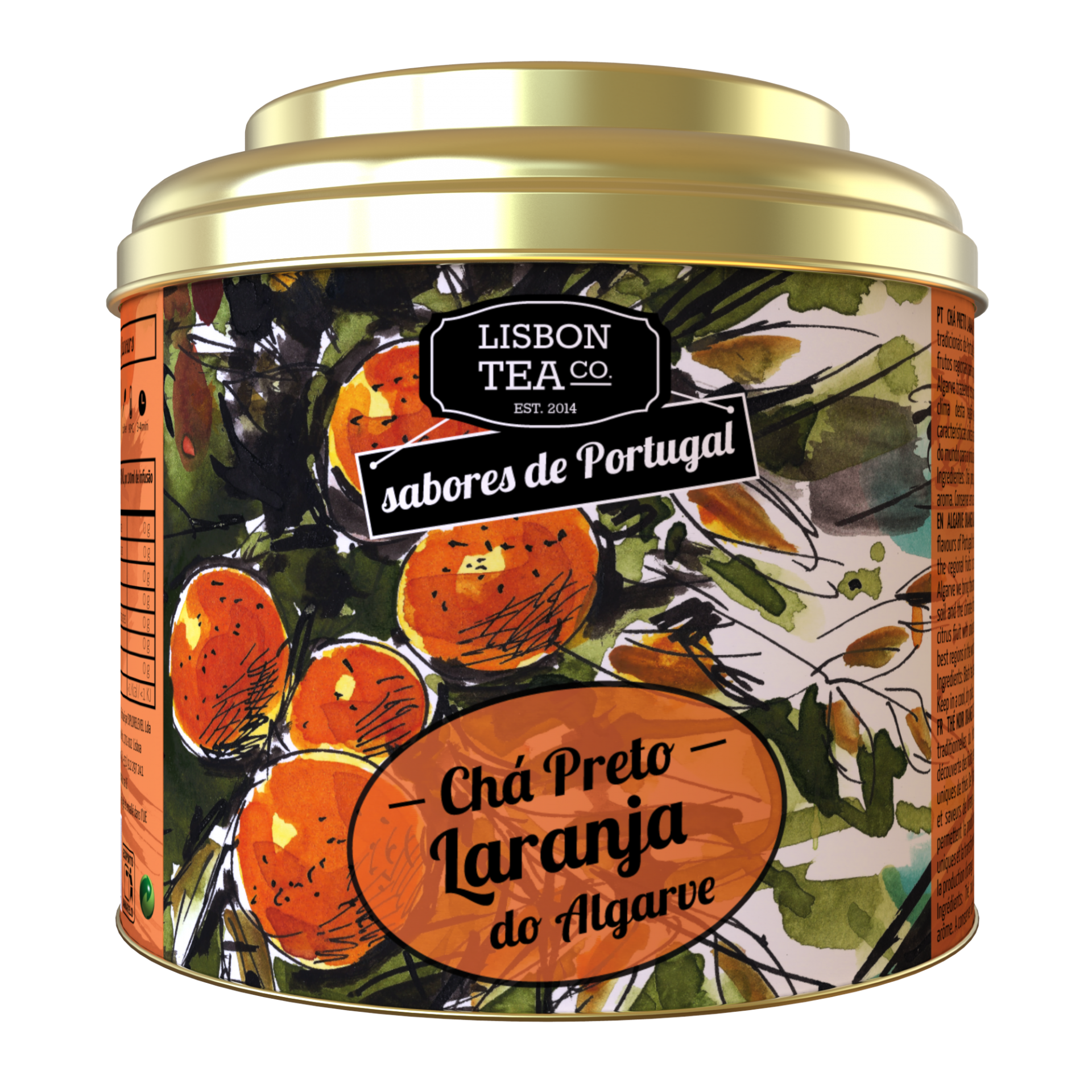 Chá Preto com Laranja do Algarve Lata dourada com ilustrações de laranjas e texto sobre chá preto de laranja do Algarve