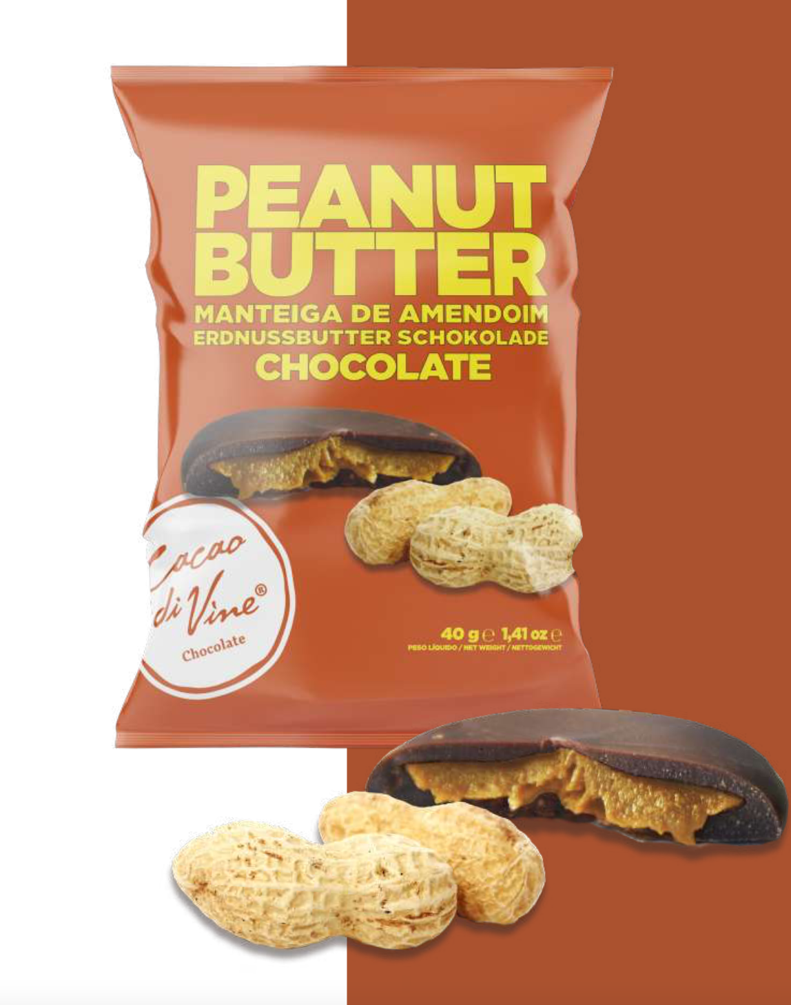 Chocolate + Manteiga de Amendoim (mini) Embalagem castanha de chocolate com manteiga de amendoim e frutos secos.