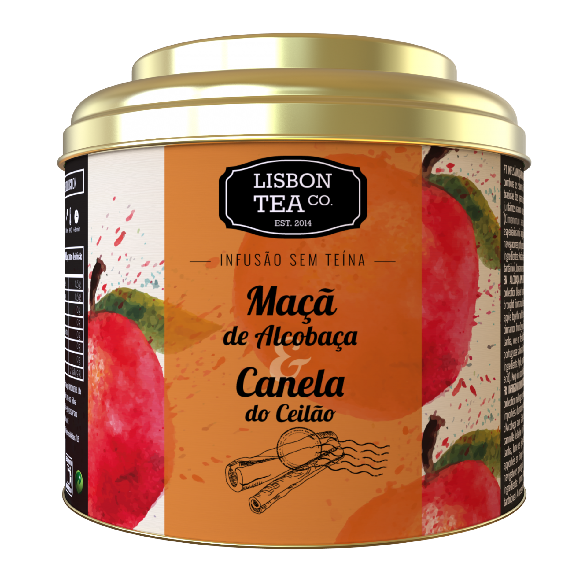 5 Infusões exóticas Lata dourada de chá Maçã de Alcobaça Canela do Ceilão com ilustrações de maçãs e canela