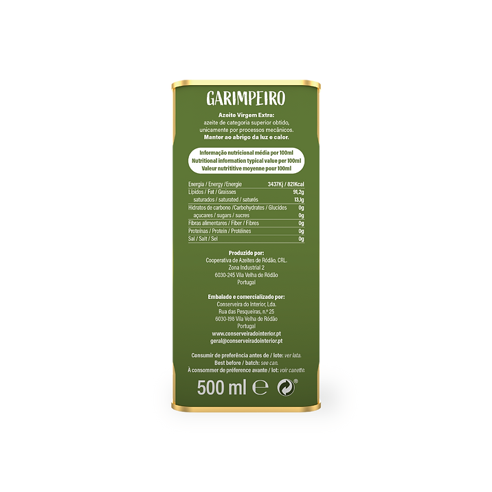 Azeite Garimpeiro - 0,5L Lata de azeite Garimpeiro 500 ml com embalagem verde e texto informativo em português