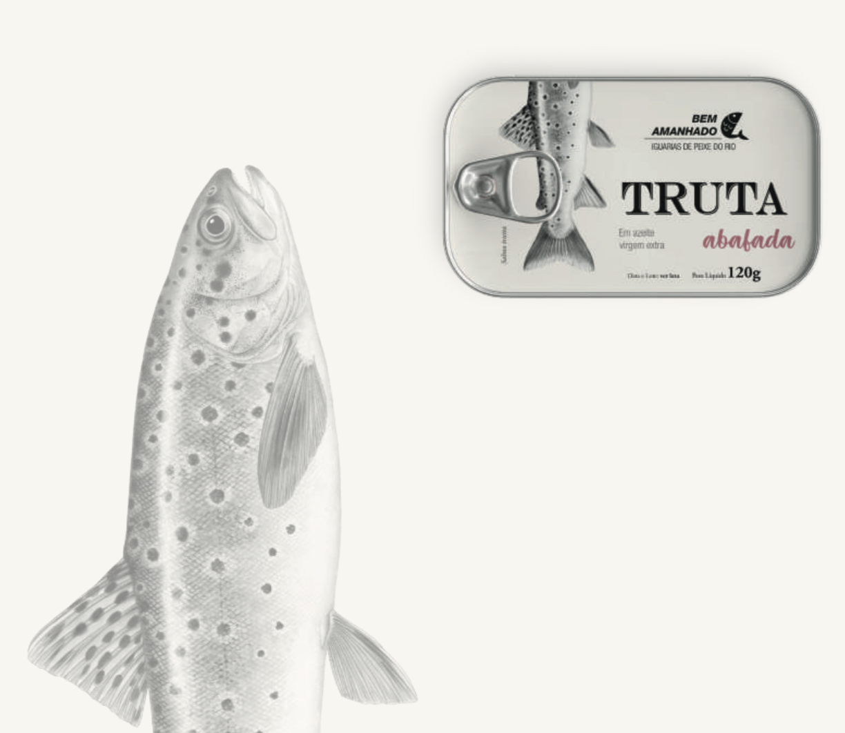 Truta abafada Lata de truta abalada com ilustração de peixe cinzento