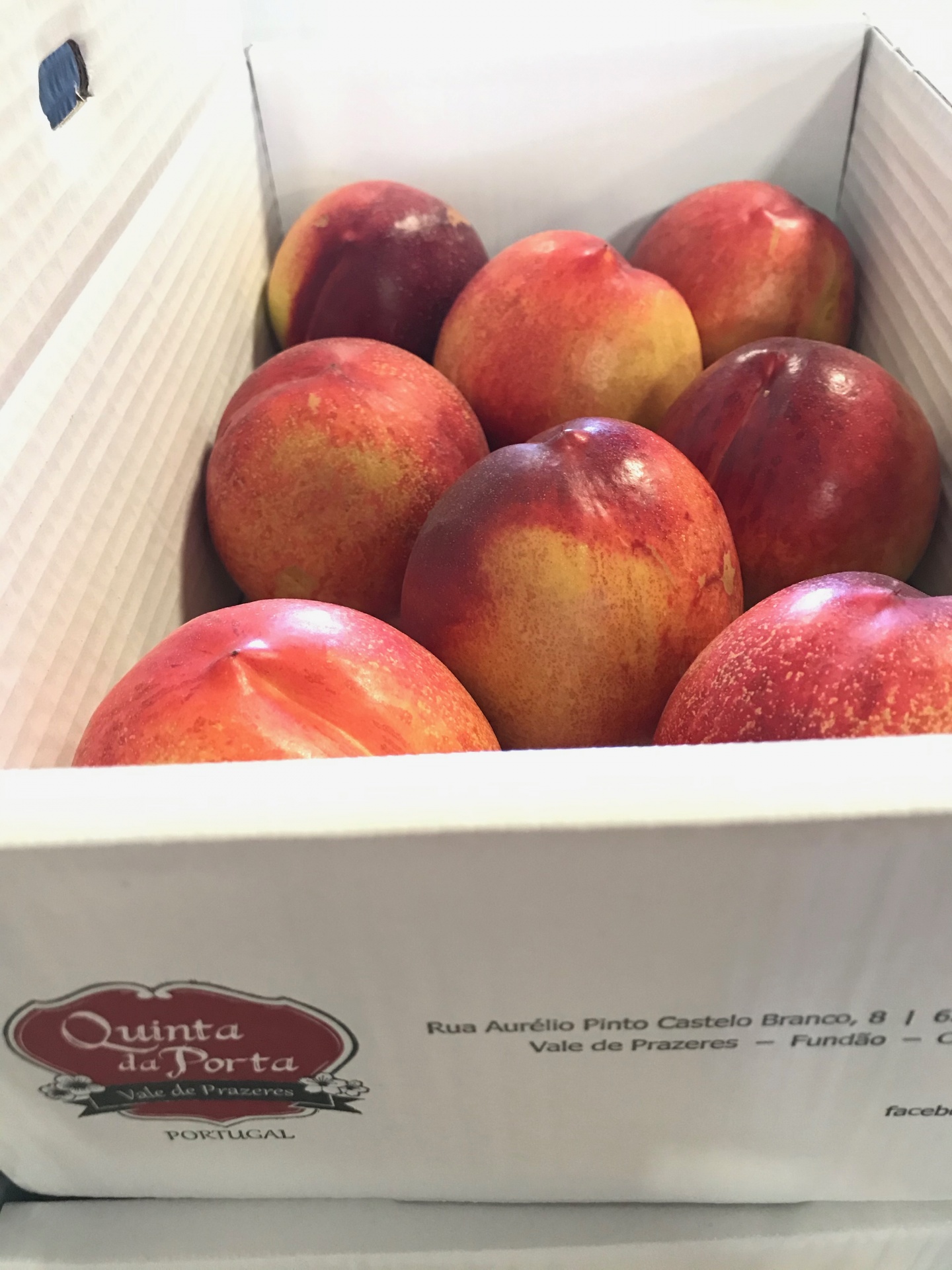 Nectarinas (caixa pequena) Caixa branca com pêssegos vermelhos e amarelos e logo Quinta da Porta