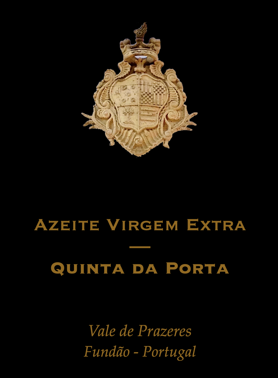 Azeite Virgem Extra - 0,5L Escudo heráldico esculpido com texto promocional em fundo preto