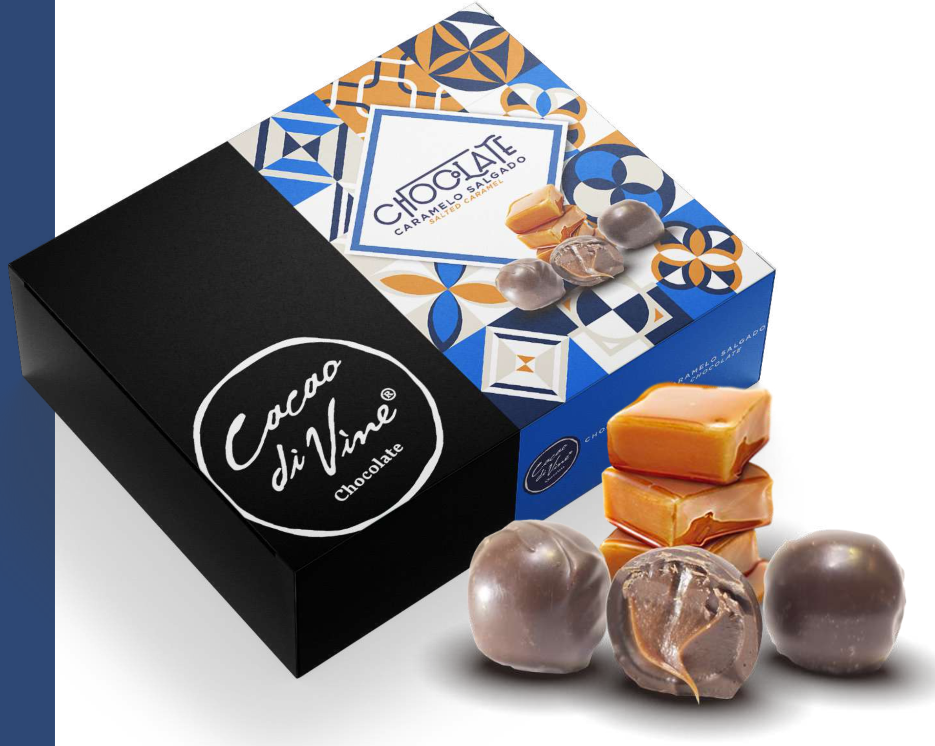 Chocolate + Caramelo Salgado Caixa de chocolates Cacao di Vivo com bombons e caramelos
