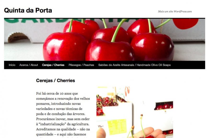 Página web com fotos de cerejas e texto em português europeu