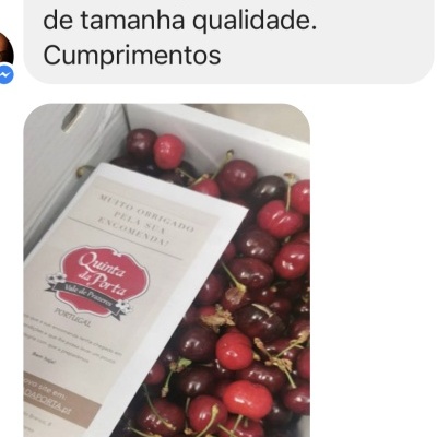 Caixa de cerejas com rótulo Quinta da Porta e palavra Obrigado