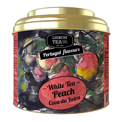 Lata dourada de chá branco sabor pêssego da Lisbon Tea Co.
