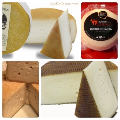 Várias imagens de queijos de cabra com diferentes texturas e rótulos em fundo branco e vermelho