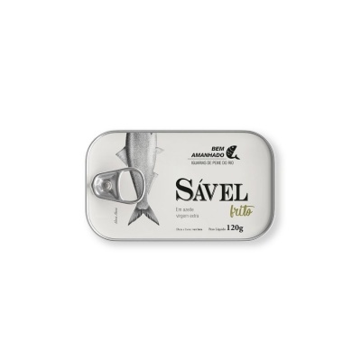 Lata de conserva com rótulo branco e imagem de peixe