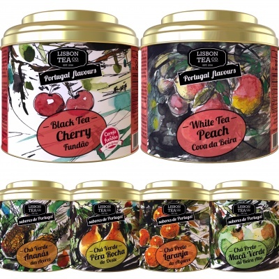 Conjunto de latas de chá Lisbon Tea Co com diferentes sabores e ilustrações de frutas