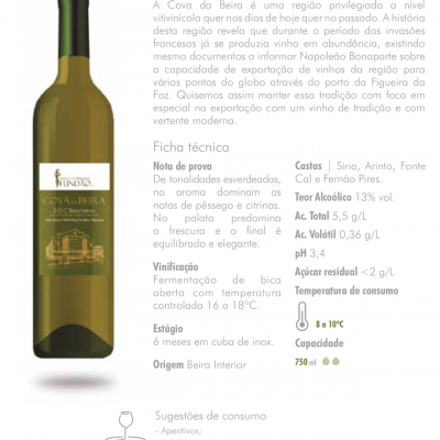 Garrafa de vinho branco Cova da Beira DOC com ficha técnica em português