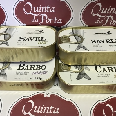Quatro latas de conservas de peixe com rótulos brancos e texto preto sobre padrão vermelho e branco Quinta da Porta
