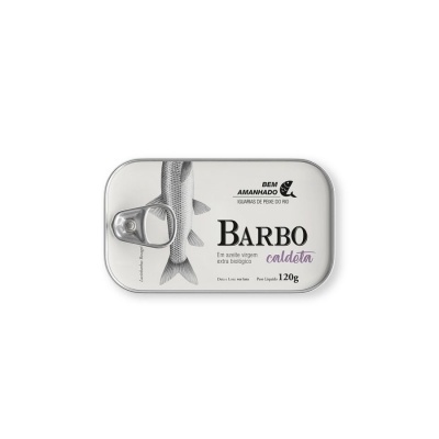 Lata prateada de conserva de peixe BARBO com texto e ilustração de peixe