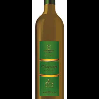 Garrafa de azeite extra virgem com rótulo verde e tampa verde