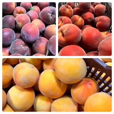 Três tipos diferentes de pêssegos frescos em cestos plásticos, com várias cores de casca.