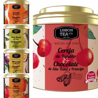Conjunto de latas de chá Lisboa Tea Co. com etiquetas coloridas e tampas douradas