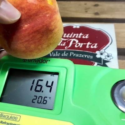 Dispositivo verde Milwaukee MA871 medindo líquido com mão segurando maçã e rótulo Quinta da Porta ao fundo