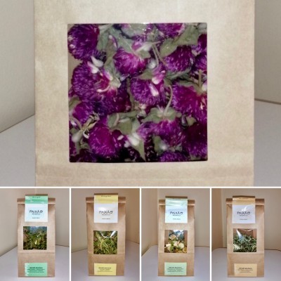 Embalagens de chá de papel com janelas transparentes e etiquetas coloridas