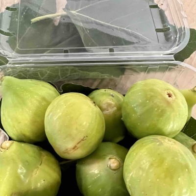 Caixa transparente com sete figos verdes e folhas verdes ao fundo