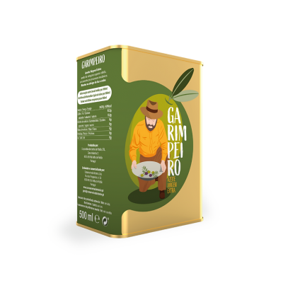 Embalagem 500 ml de azeite Garimpeiro com ilustração de homem e azeitonas