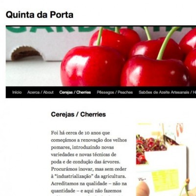 Página web com fotos de cerejas e texto em português europeu