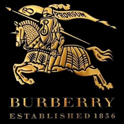 Logótipo dourado da Burberry com cavaleiro e cavalo sobre fundo preto