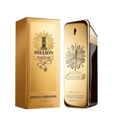 Frasco e caixa dourados do perfume 1 Million Parfum Paco Rabanne