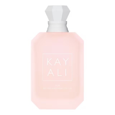 Frasco de perfume rosa claro com texto branco KAY ALI