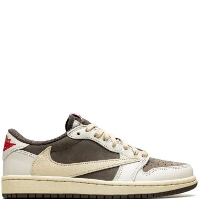 Sapatilha desportiva Nike Air Jordan castanho e bege com logotipo vermelho no calcanhar