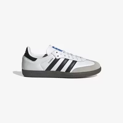 Ténis Adidas Samba branco com riscas pretas e biqueira cinza